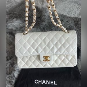 Chanel Classic Ivory White Quilted Lambskin Gold Hardware Medium Double Flap Bag